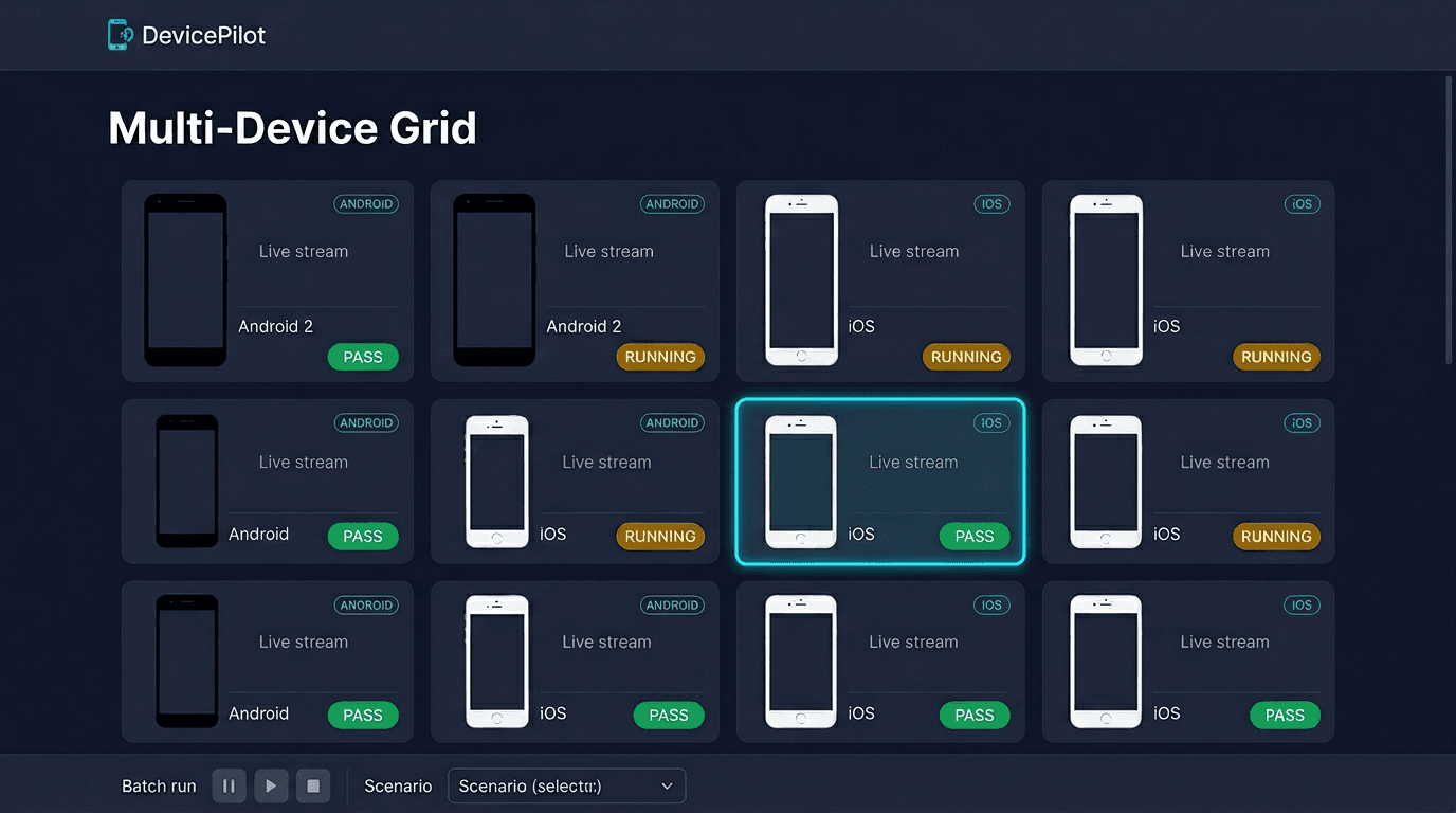 SF Dynamo multi-device grid showing a fleet of phones running in parallel