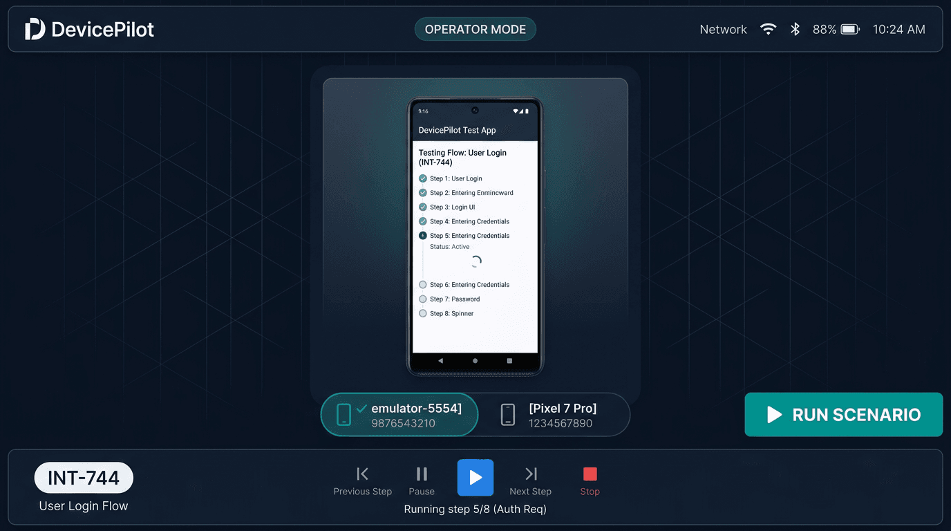 SF Dynamo Operator Mode showing a single phone with a Linear-driven test running