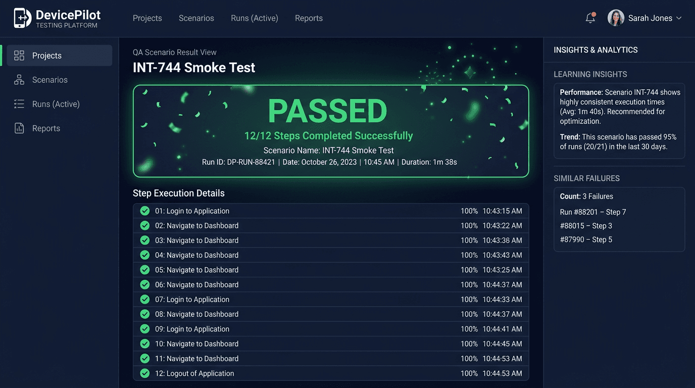 SF Dynamo result view with a giant PASSED hero and detailed step list
