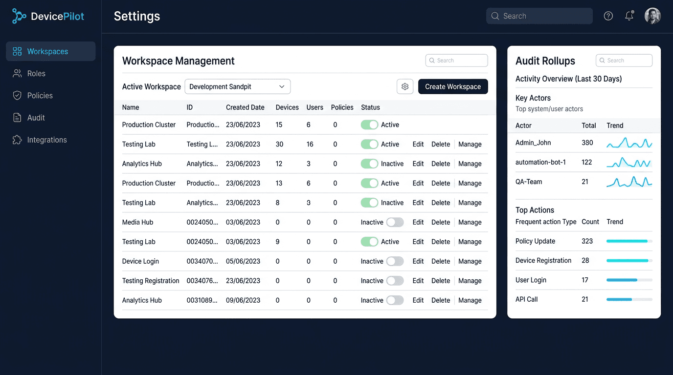 SF Dynamo workspace settings showing roles, policies, and audit