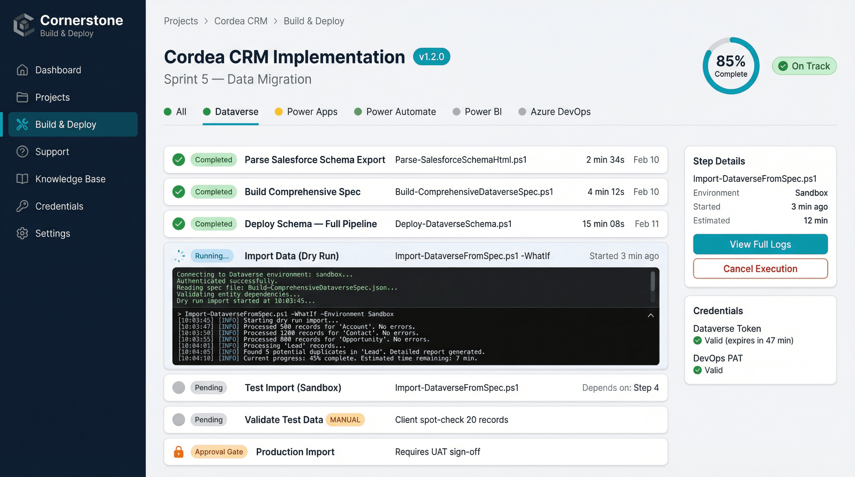 SF Threads Build Execution with milestone-by-milestone progress and live logs